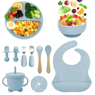 Bizcasa Silikon Baby Geschirrset,11 Stücke Rutschfest Kindergeschirr Set mit Saugnapf,Kindergeschirr Baby-Teller,BPA Frei Esslernbesteck Sets mit Löffel Gabel Schüssel Lätzchen Becher (Grau Blau)
