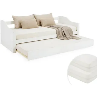 Homestyle4u Ausziehbett mit Matratze 90/200 cm Weiß , Holz , Kiefer , 90x200 cm , Schlafzimmer, Betten