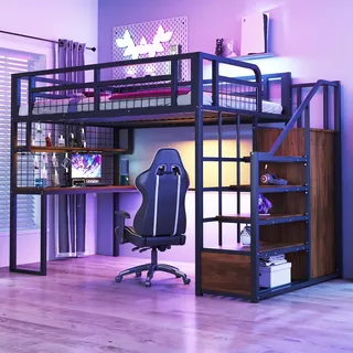 Merax Metall-Hochbett 140x200 cm mit Schreibtisch und Regal, Etagenbett mit Stauraumtreppe und Kleiderschrank, Eisenbett mit Lattenrost, Schwarz - Schwarz