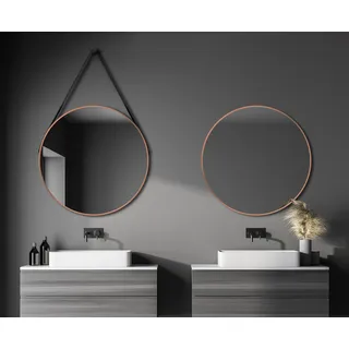 Wandspiegel rund Talos Copper Style Matt Ø 80 cm - Badspiegel mit Aufhängegurt in Lederoptik - hochwertiger umlaufender Aluminiumrahmen in kupferfarben - Badezimmerspiegel - Kupfer