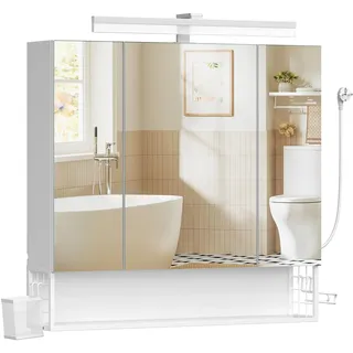 VASAGLE Spiegelschrank Bad mit Beleuchtung, Stecker, 3 Spiegeltüren | Wandschrank, Hängekorb, Haartrockner-Halter, 80 x 16,5 x 75 cm, weiß , DACEY Kollektion BBK146WB01