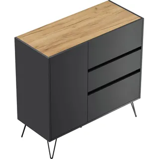 Posseik Sideboard Industrial L 3 Schubladen 1 Tür 100 cm Grafit Eiche Top