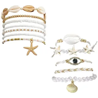 Boutihao 12 Stück Muschel-Armbänder für Frauen, Boho-Mehrschicht-Perlenarmbänder, Einstellbare Sommer-Strand-Seestern-Armbänder, für Frauen und Mädchen, Sommer, Strand, Urlaub, Zubehör