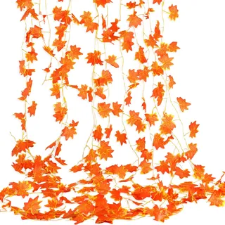 Tikplus Herbstgirlande,Künstliche Herbstblätter Girlande Herbstdeko,2.4M 12 Stück Ahornblätter Reben,Seide Herbstblätter Reben für Zuhause Garten Thanksgiving Holloween Deko