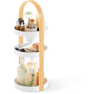 Umbra Bellwood Kosmetik Organizer, Drehbar mit Holzgriff, Weiss/Natur | Drei geräumige Ebenen, herausnehmbarer Behälter für Pinsel, integrierter Tragegriff, passt auf jeden Waschtisch