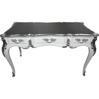 Casa Padrino Luxus Barock Schreibtisch Weiß Hochglanz Silber Sekretär - Weiß, Schwarz, Silber