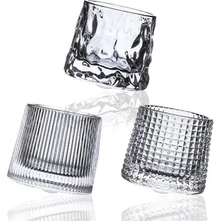 Drehbare Kristall-Whiskey-Gläser -  5 oz Schottische Tumblern, 3 Stück, für Cognac, Rum, Bourbon, Scotch, Longdrinks - Transparent