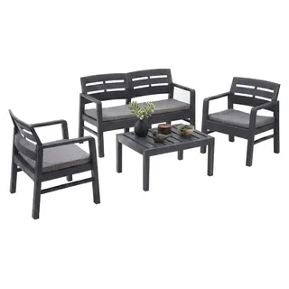 Outdoor-Lounge-Set Dgyas, Gartengarnitur mit 2 Sesseln, 1 Sofa und 1 Couchtisch, Innen- und Außensitzgruppe mit Kissen, 100 % Italy, Anthrazit - Schwarz