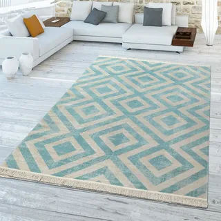 TT Home In-& Outdoorteppich Wetterfest Balkon Teppich Küche Rauten Design Soft Skandi Design Geometrisches Design Größe 200 cm Rund - Blau