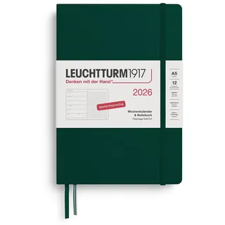 Leuchtturm1917 372523 Wochenkalender & Notizbuch Dotted Medium (A5) 2026, 12 Monate, Forest Green, Deutsch