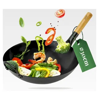 Wok für Gasherd und Grill mit em Rezept-eBook - voreingebrannt - Asiapfanne mit rundem Boden - Kohlenstoffstahl Bratwok - handgehämmerte Wokpfanne - Durchmesser 30 cm