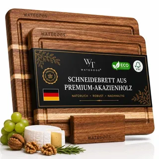 WATEGOOS 2er Set Schneidebrett Holz aus Akazie Premium mit Halter