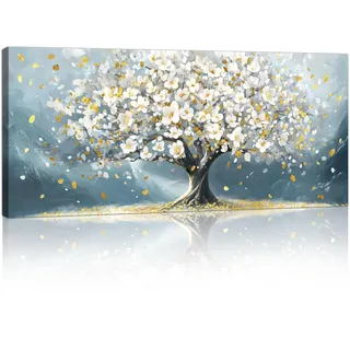 Großes Leinwandbilder Wandbilder Mit Rahmen, Beige Blühend Blumen Bäume bild auf leinwand Wandkunst Natur Weiß Gold Blumen Blau Kunstdruck Deko für Wohnzimmer Schlafzimmer für zum Aufhängen 120x50cm