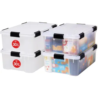 Iris Ohyama Luftdichte Kunststoff-Aufbewahrungsboxen mit Deckel, 30L, 4er-Set, Transparent, Hermetischer wasserdichter Verschluss, Robuste Schnappverschlüsse, Stapelbar, Staubschutz, BPA-frei, AT-LS