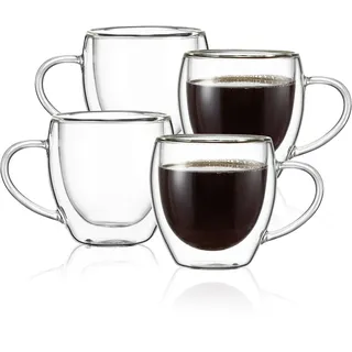 CNGLASS Espressobecher Set 4x150ml, doppelwandige Isolierglas-Kaffeebecher mit Griff, Espresso-Schnapsgläser, klare Expresso-Kaffeetassen