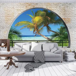 Vlies Fototapete Strand Fenster 3D EFFEKT Meer TAPETE XXL Wohnzimmer Schlafzimmer - 312x219 cm - 3 Bahnen