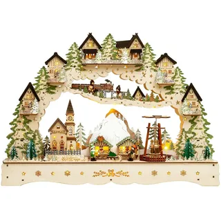 SIKORA LB46 beleuchteter LED XL Holz Schwibbogen Berg-WEIHNACHTSDORF mit drehender Pyramide inklusive Trafo