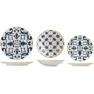 H&H Beatriz Tafelservice 18-teilig aus dekoriertem Stoneware, Komplettes Geschirrset für 6 Personen, Blaues Design mit floralen und geometrischen Motiven inspiriert von mediterraner Majolika