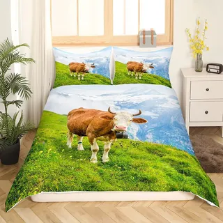 Homewish Kuh Bettwäsche 135 x 200 für Kinder Jungen Mädchen Hochland Rinder Bettbezug Bauernhaus Tier Bettbezug Grasland Kühe Rustikale Bettwäsche Set mit 1 Kissenbezug, Reißverschluss
