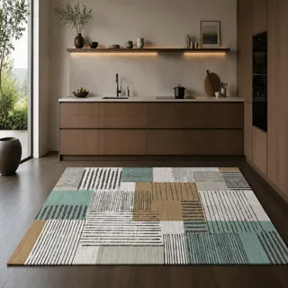 VARIKASHOM Teppich Quadratisch, 140 x 140 cm, Modernes geometrisches abstraktes Grün, Beige, Weiß, Grau, Braun, Teppiche Wohnzimmer, Schlafzimmer, Esszimmer, Flur, Arbeitszimmer,