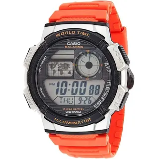Casio AE1000W Serie | Herren Digitaluhr | 100M WR | Multi-Alarme | 100 SEC Stoppuhr | Countdown-Timer | Weltkarte für Weltzeit | LED-Licht | LC-Analoganzeige | 10 Jahre Batterie, Orange, AE-1000W-4BV