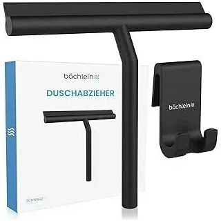 Bächlein Duschabzieher Schwarz – Glasabzieher mit 21 cm Gummilippe, Silikon mit Metallkern, Kratzschutz, inkl. Haltehaken – Für Glasduschen, Fenster und Spiegel