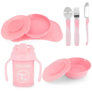 Twistshake Babygeschirr-Set - 4 Teilig | 1 x Baby-Tischset - 1 Babyteller - 1 Babyschale - 3 Edelstahlbesteck - 1 Trinkbecher | 6M + Baby-Ernährungsset | Geschirr für die Entwöhnung | Rosa