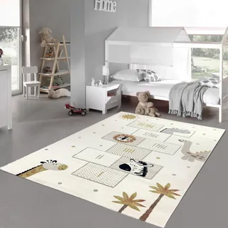 Teppich-Traum Teppich Spielzimmerteppich Kinderzimmer Spielecke Allergiker geeignet leichte Pflege Hüpfspiel mit Tieren Creme, 140 x 200 cm