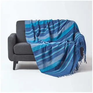 Homescapes Tagesdecke Morocco, blau, Sofa-Überwurf aus 100% Baumwolle, weiche Wohndecke 150 x 200 cm, blau gestreift, mit Fransen