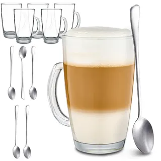 Cosumy 6 Latte Macchiato Gläser mit Henkel und Löffel - 300ml - Hält lange warm - Ideale Größe für Kaffeevollautomaten - Spülmaschinenfest