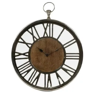 Casa Padrino Luxus Wanduhr im Design einer antiken Taschenuhr Silber / Naturfarben Ø 45 cm - Dekorative runde Uhr mit einem Ziffernblatt aus unbehandeltem Holz - Silber, Beige