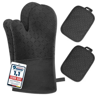 MILCEA Ofenhandschuhe Topflappen Topfhandschuhe 4er Set - Ofenhandschuhe Hitzebestaendig bis 300°C, Rutschschutz, Verlängern, Weich, Backhandschuhe Kochhandschuhe Oven Gloves, Schwarz