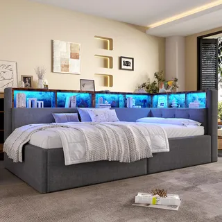 STILVORA Schlafsofa 90×200 mit LED-Beleuchtung&Bettkasten,Tagesbett Daybett mit USB- und Typ-C-Anschlüssen,Jugendbett mit Ablagefach,mit Matratze,Grau - Grau