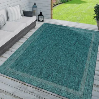 TT Home In-& Outdoorteppich Wetterfest Terrasse Küche Modern Mit Umrandung Unifarben Größe 80x150 cm - Türkis