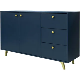 Masseno Kommode GALIO 140 cm Sideboard mit  Schubladen und 4 Türen für Wohnzimmer Schlafzimmer Modern 140x41x86 cm Blau - Blau