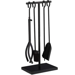 Relaxdays Kaminbesteck 5 tlg. modern mit Schürhaken, Zange, Kaminbesen, Ascheschaufel & Ständer schwarz