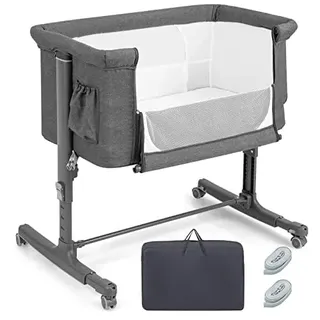 FANTASK 3 in 1 Babybett & Babywiege & Reisebett, 5-stufig Höhenverstellbares Beistellbett, 10° Neigung, Kinderbett inkl. Matratze, Tragetasche, Stubenwagen für Babys bis 9kg belastbar (Dunkelgrau)