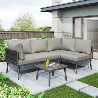Flieks Gartenlounge Set für 4 Personen, Gartenmöbel Sets mit Seildesign, Terassenmöbel Set aus Eisenrahmen, Balkonmöbel Set L-Förmig mit Kissen, Grau - Grau