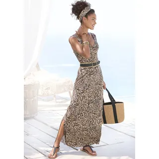 Maxikleid BUFFALO "mit Alloverdruck und Schlitz", Damen, Gr. 40, N-Gr, bunt (beige, jeansblau bedruckt), Jersey, Obermaterial: 100% Viskose, bedruckt, figurumspielend knöchellang, V-Ausschnitt, Kleider Maxikleid, lässiges Sommerkleid, Strandkleid, Jerseykleid, Trägerkleid, Festival, Topseller
