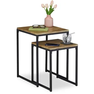 Relaxdays Beistelltisch 2er Set, quadratisch, Metall, Holzoptik/schwarz | Satztisch 2 Größen