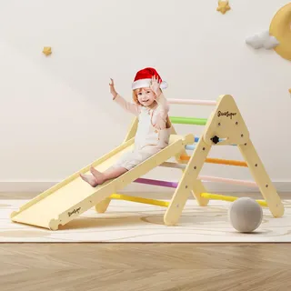 BanaSuper 2 in 1 Kinder Regenbogen Dreieck Kletterer Set Faltbares Kletterdreieck aus Holz mit Rampe Montessori Spielzeug für Kleinkinder