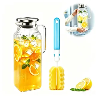 Glaskaraffe 2 Liter, Wasserkaraffe mit Deckel, Hochborosilikat Teekanne Glas mit Ausgießer & Sieb, Wasserkrug Quadratischer Karaffe Glas für Kaltes Heißes Wasser Eistee (Vertikale Streifen)