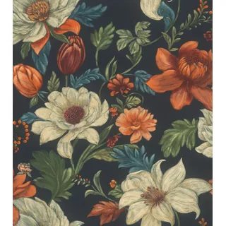 Rasch Vliestapete Blumenwiese - Landhaus Vinyl-Tapete Blüten in Weiß Beige Grün Orange für ein luxuriöses Wohnambiente - Robust und Abwaschbar - 10,05 m x 0,53 m