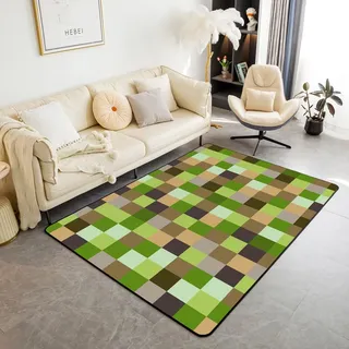 Manfei Miners Pixel Spiele Bereich Teppiche,Braun Gelb Grün Block Rutschfester Teppich Geometrisches Gitter Indoor Fußbodenmatte Home Schlafzimmer Dekor,150 x 200 cm