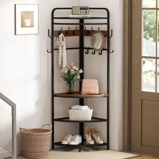SOCOMFAY Eckgarderobe mit Regal, Garderobenständer mit Haken, Industrie-Stil kleiderständer Schlafzimmer und Flure, Holz und Metall