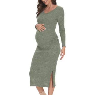 LAHILO V-Ausschnitt Mutterschaft Pullover Kleid, Herbst Umstandskleid, Langarm Seite Rüschen Strick gerippt Mutterschaft Bodycon Kleid, A-grünlich Grau, Medium