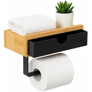 Relaxdays Toilettenpapierhalter, ohne Bohren, Ablage & Schublade, Klopapierhalter, Bambus & Metall, Natur/schwarz