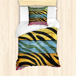 ABAKUHAUS Zebra-Druck Mantele, Buntes Tier, Milbensicher Allergiker geeignet mit Kissenbezügen, 135 cm x 200 cm - 80 x 80 cm, Grün, Gelb, Schwarz - Grün