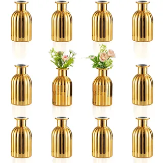 NUPTIO Kleine Vasen Glas für Blumen: Satz von 12 Glasvase Gold Vintage Mini Blumenvas Tisch Tafelaufsatz für Hochzeit Weihnachten Geburtstag Party Mittelstücke Nach Hause Wohnzimmer Dekoration