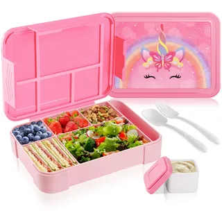 JYPS Einhorn Brotdose Kinder mit 5 Fächern, 1300ml Bento Lunch Box BPA Frei, Auslaufsicher Lunchbox Snackbox für Mädchen, Perfekt für Kindergarten/Schulanfang/Ausflüge